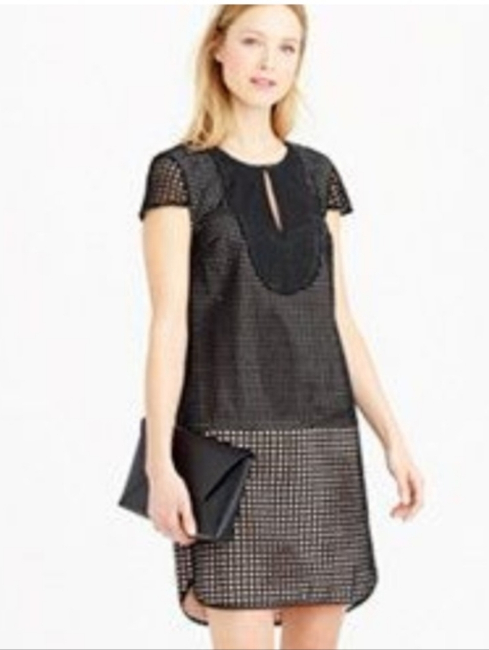 J. Crew Triple Eyelet Shift Dress Geo Mesh LBD Cap Sleeve Little Black Dress S